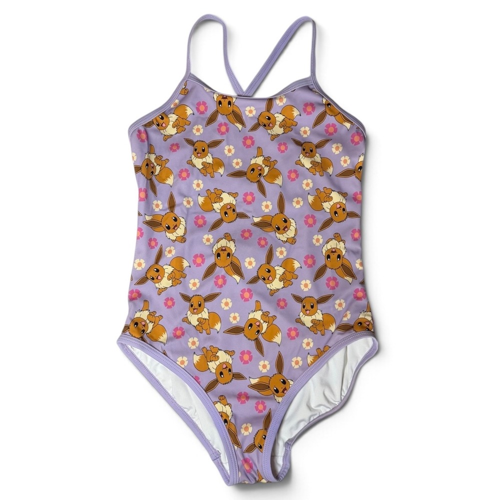 Hanna Andersson One Piece Swimsuit Kids 10 Purple Eevee Pokemon Floral Summer